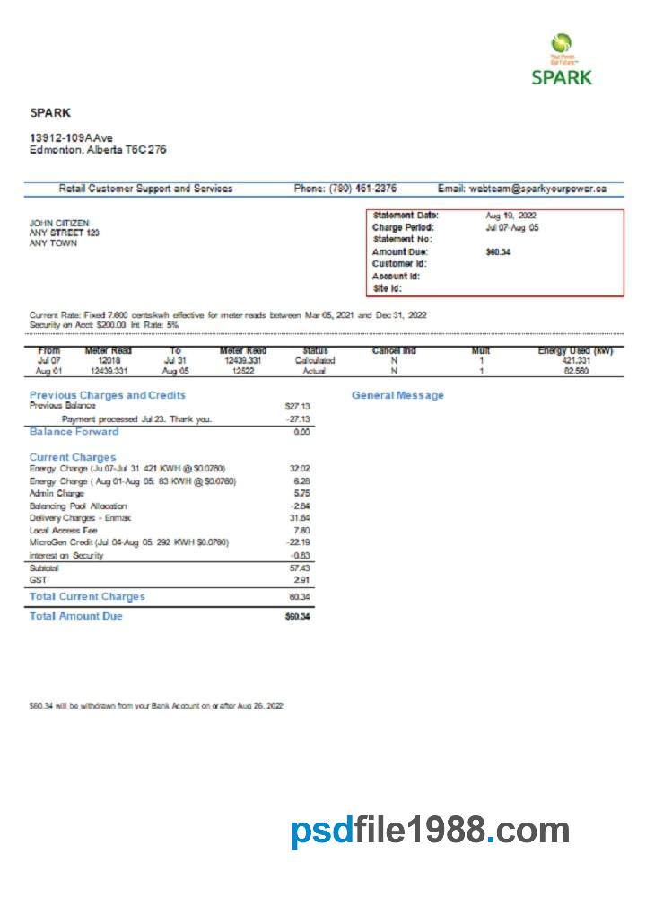 Canada Alberta Spark Utility Bill